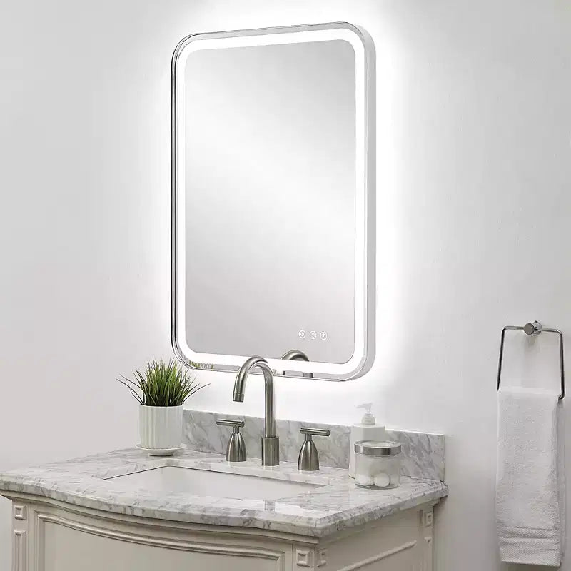 Miroir mural rectangulaire éclairé par LED – Cadre en acier inoxydable nickel poli, 22" L x 32" H, contrôle tactile