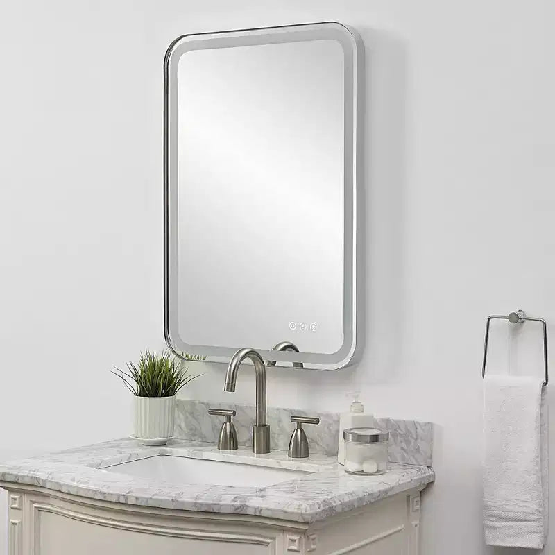 Miroir mural rectangulaire éclairé par LED – Cadre en acier inoxydable nickel poli, 22" L x 32" H, contrôle tactile
