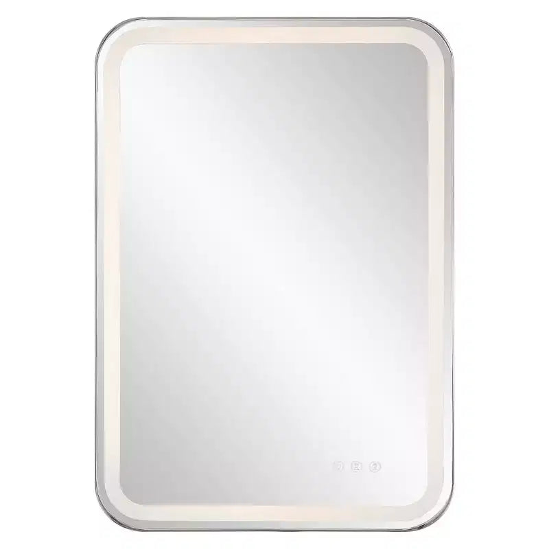 Miroir mural rectangulaire éclairé par LED – Cadre en acier inoxydable nickel poli, 22" L x 32" H, contrôle tactile