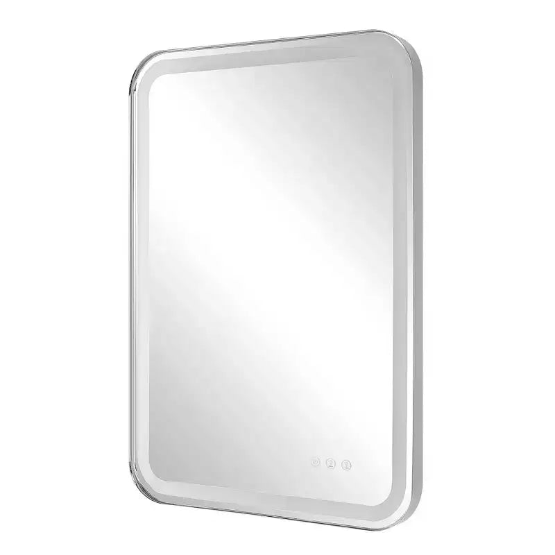 Miroir mural rectangulaire éclairé par LED – Cadre en acier inoxydable nickel poli, 22" L x 32" H, contrôle tactile