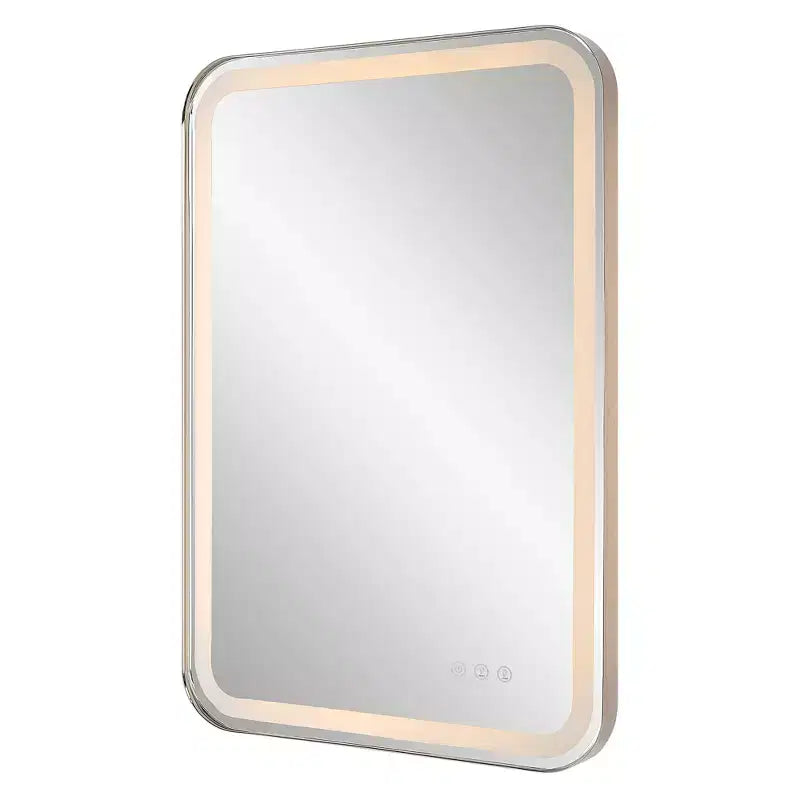 Miroir mural rectangulaire éclairé par LED – Cadre en acier inoxydable nickel poli, 22" L x 32" H, contrôle tactile