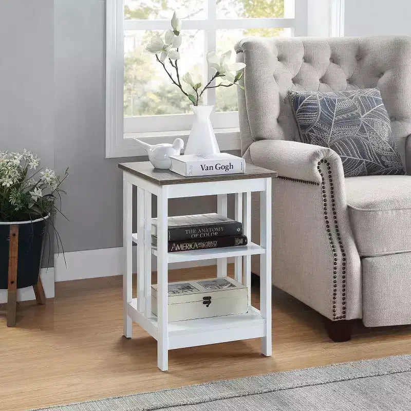 Table d'appoint en bois blanc avec 2 étagères – 60,3 cm H x 40 cm L, table de chevet compacte pour petits espaces