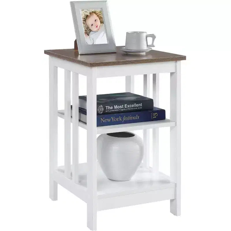 Table d'appoint en bois blanc avec 2 étagères – 60,3 cm H x 40 cm L, table de chevet compacte pour petits espaces