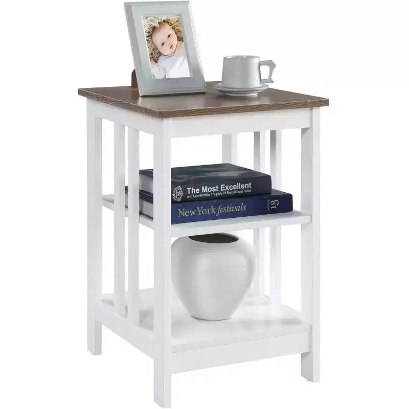 Table d'appoint en bois blanc avec 2 étagères – 60,3 cm H x 40 cm L, table de chevet compacte pour petits espaces