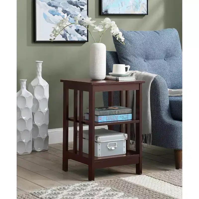 Table d'appoint en bois blanc avec 2 étagères – 60,3 cm H x 40 cm L, table de chevet compacte pour petits espaces