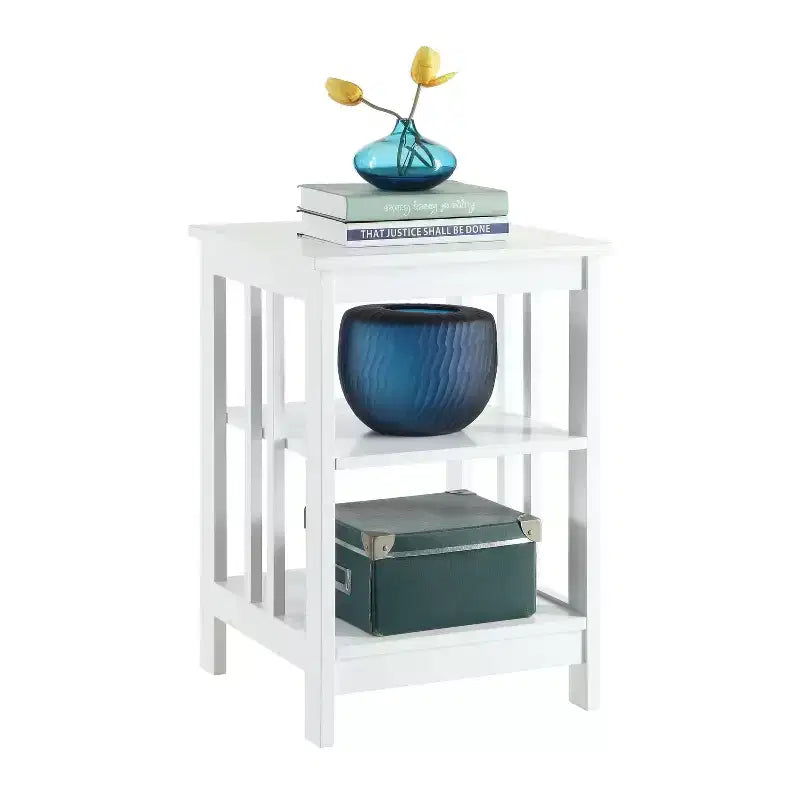 Table d'appoint en bois blanc avec 2 étagères – 60,3 cm H x 40 cm L, table de chevet compacte pour petits espaces