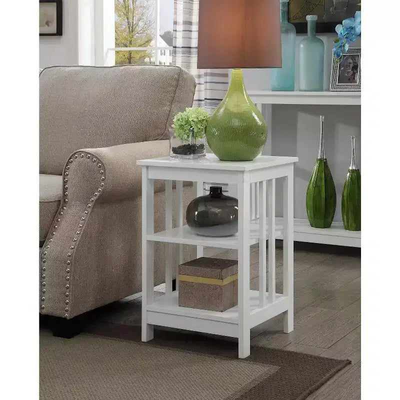 Table d'appoint en bois blanc avec 2 étagères – 60,3 cm H x 40 cm L, table de chevet compacte pour petits espaces