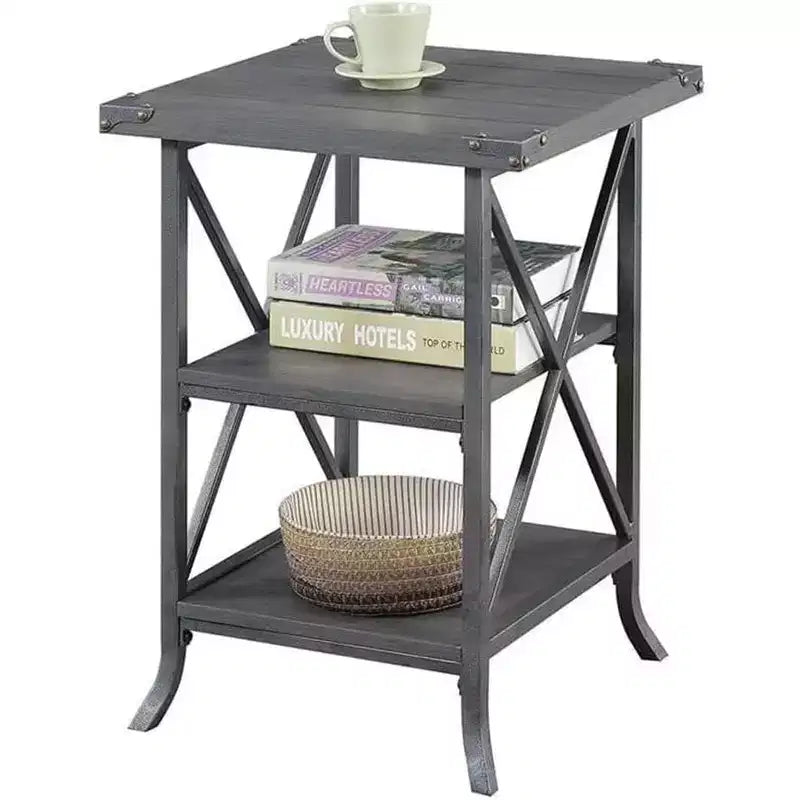 Guéridon en métal gris avec 2 étagères – H 62,2 cm x l 45 cm, Plateau en noyer foncé, Structure thermolaquée