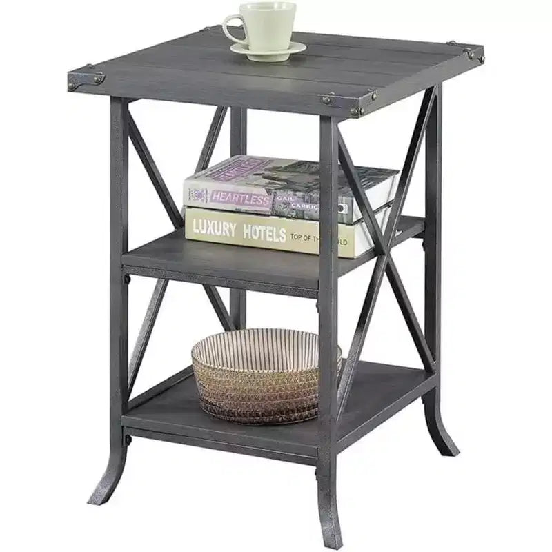 Guéridon en métal gris avec 2 étagères – H 62,2 cm x l 45 cm, Plateau en noyer foncé, Structure thermolaquée