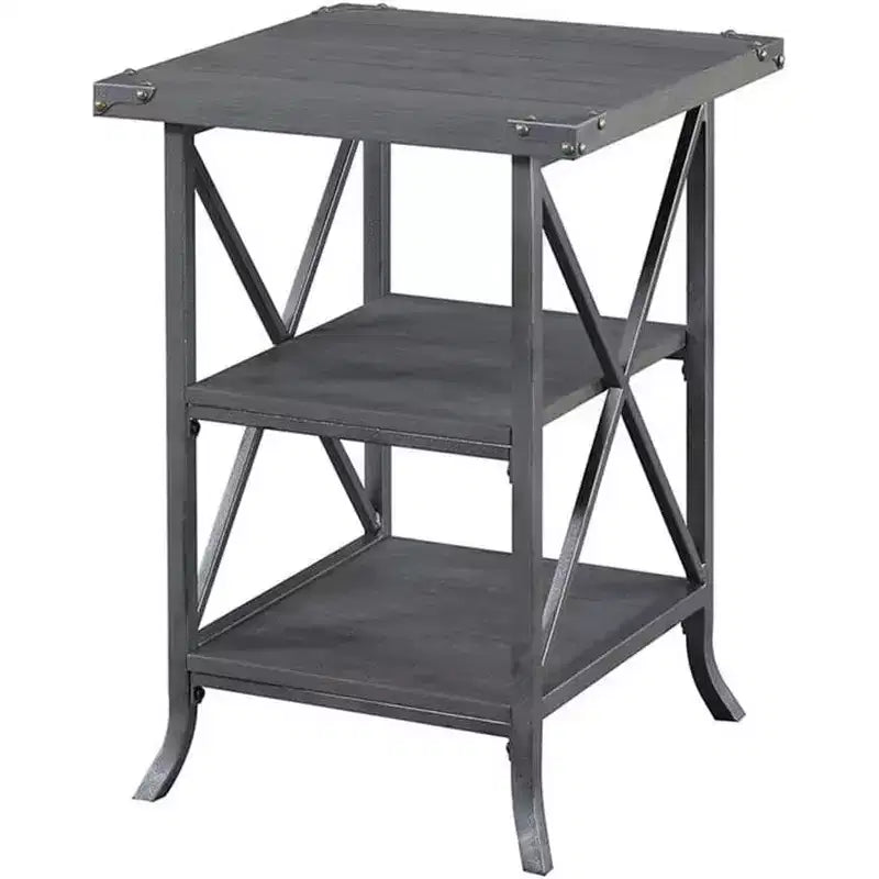 Guéridon en métal gris avec 2 étagères – H 62,2 cm x l 45 cm, Plateau en noyer foncé, Structure thermolaquée