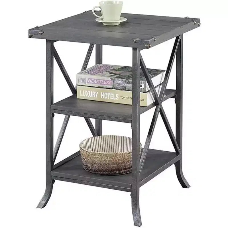 Guéridon en métal gris avec 2 étagères – H 62,2 cm x l 45 cm, Plateau en noyer foncé, Structure thermolaquée