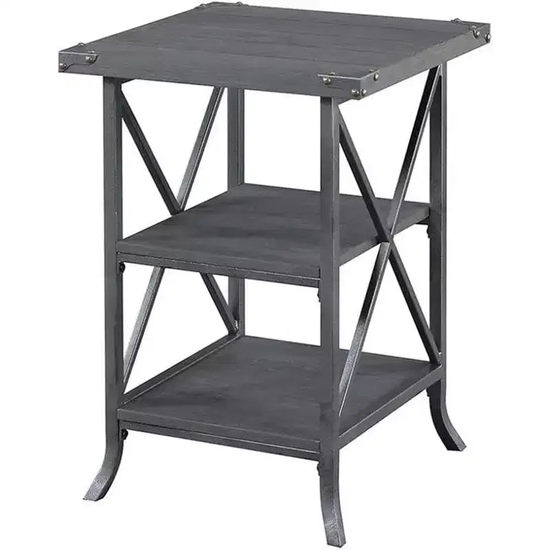 Guéridon en métal gris avec 2 étagères – H 62,2 cm x l 45 cm, Plateau en noyer foncé, Structure thermolaquée