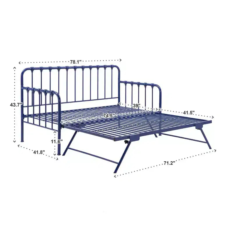 Lit de jour jumeau avec lit gigogne relevable – Se transforme en 2 lits, Cadre en fer, Bleu marine, Style industriel