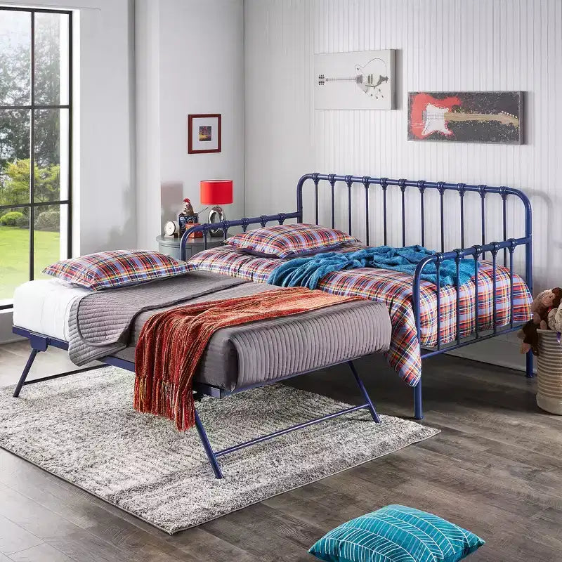 Lit de jour jumeau avec lit gigogne relevable – Se transforme en 2 lits, Cadre en fer, Bleu marine, Style industriel