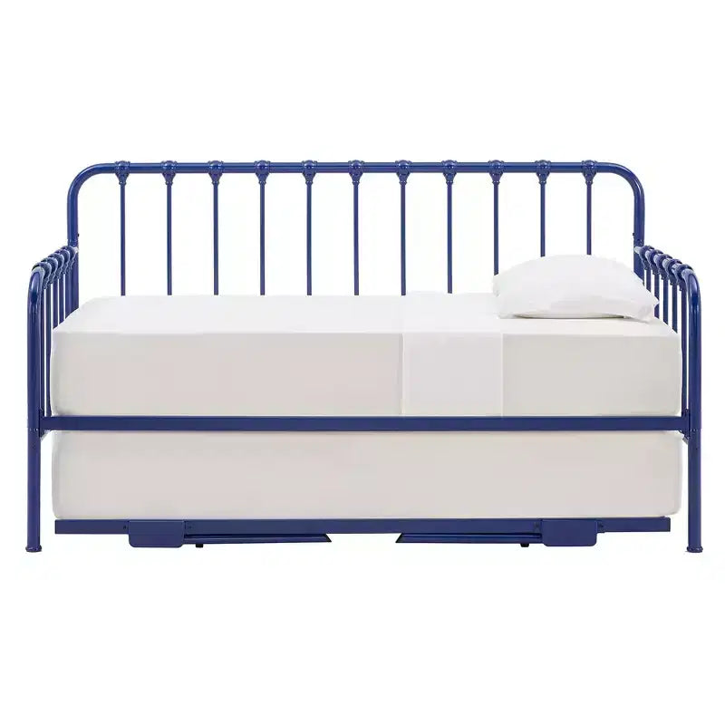 Lit de jour jumeau avec lit gigogne relevable – Se transforme en 2 lits, Cadre en fer, Bleu marine, Style industriel