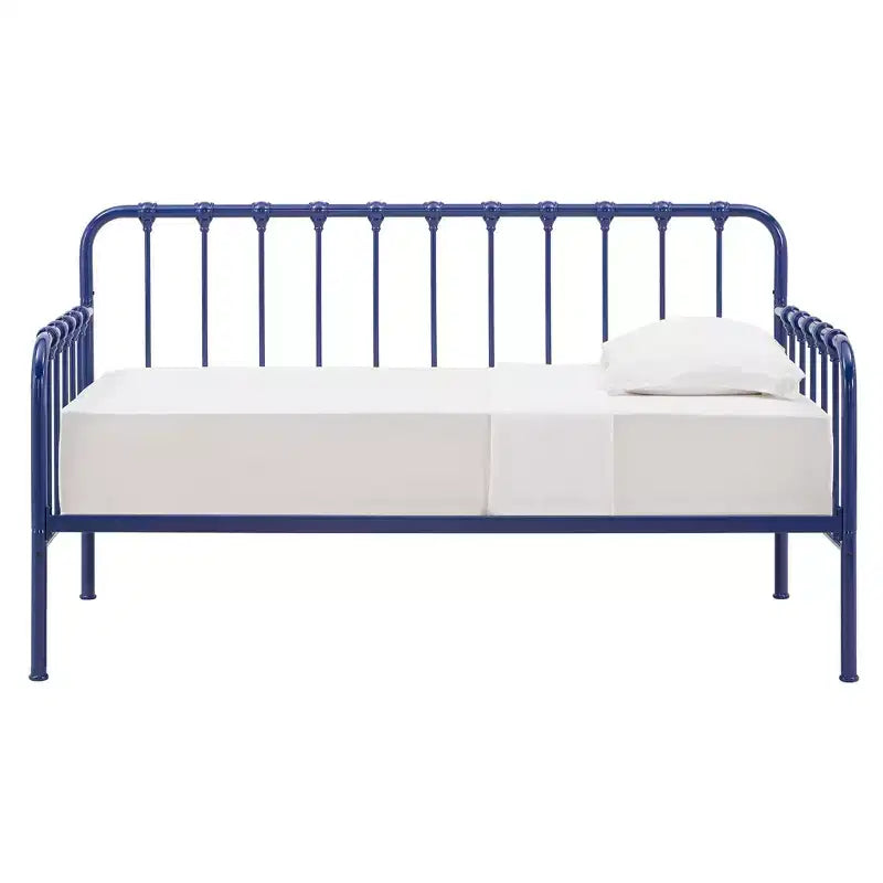 Lit de jour jumeau avec lit gigogne relevable – Se transforme en 2 lits, Cadre en fer, Bleu marine, Style industriel