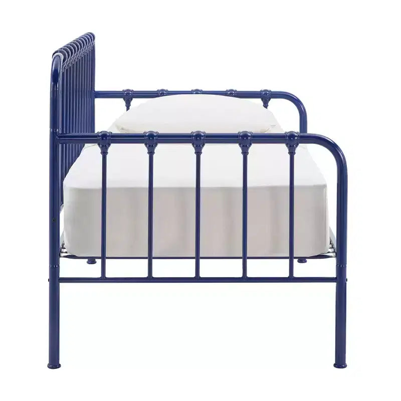 Lit de jour jumeau avec lit gigogne relevable – Se transforme en 2 lits, Cadre en fer, Bleu marine, Style industriel