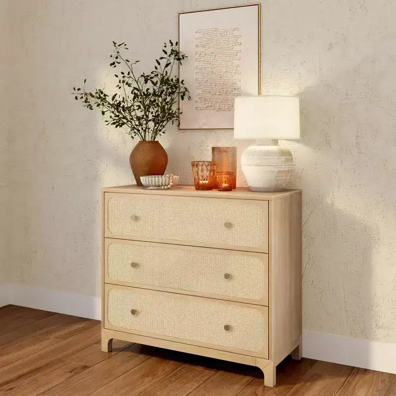 Elio Rattan 3 Drawer Dresser with Brass Knob