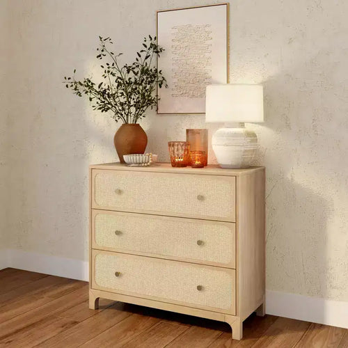 Elio Rattan 3 Drawer Dresser with Brass Knob