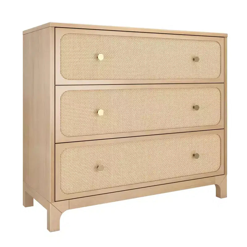 Commode à 3 tiroirs avec façades en rotin et poignées en laiton – Cadre en pin massif, 94 cm (L) x 84 cm (H)