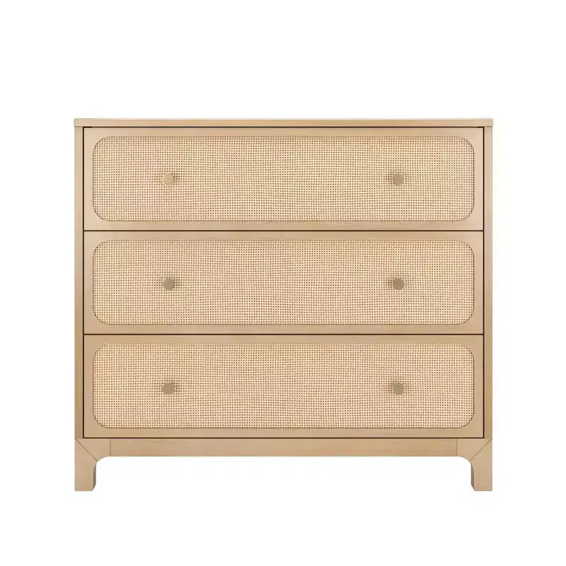 Commode à 3 tiroirs avec façades en rotin et poignées en laiton – Cadre en pin massif, 94 cm (L) x 84 cm (H)