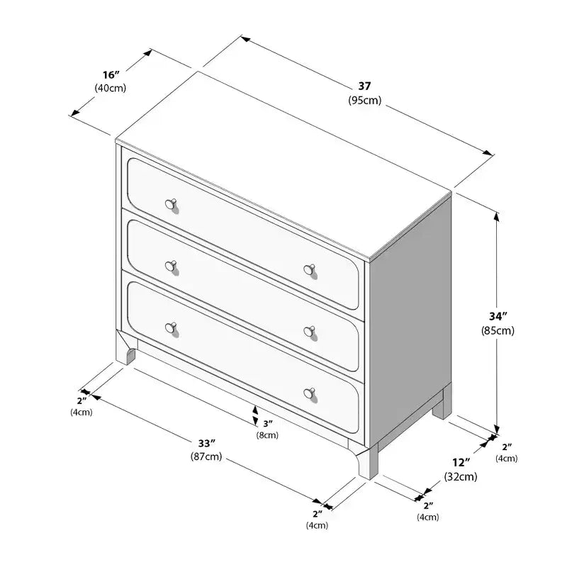 Commode à 3 tiroirs avec façades en rotin et poignées en laiton – Cadre en pin massif, 94 cm (L) x 84 cm (H)