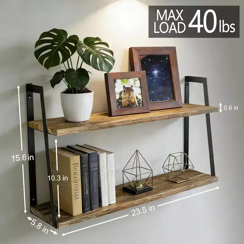 Étagères murales flottantes à 2 niveaux – Bois noir carbonisé, 59,7 cm (H) x 39,6 cm (P), style rustique moderne