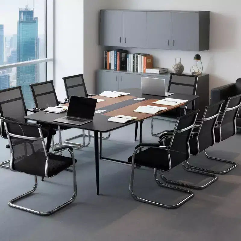 Table de conférence ovale 2,4 m pour 10 personnes – 240 x 120 cm, passe-câbles, pieds en métal, noir et marron