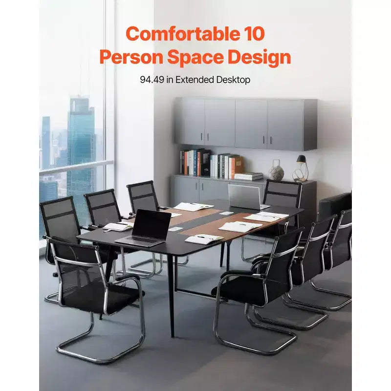 Table de conférence ovale 2,4 m pour 10 personnes – 240 x 120 cm, passe-câbles, pieds en métal, noir et marron