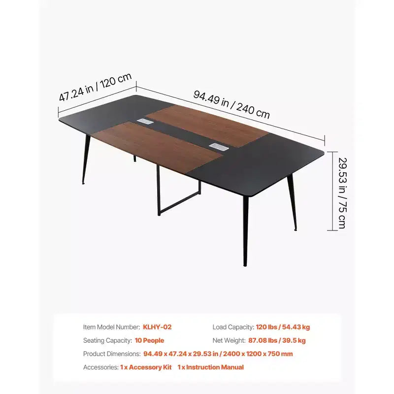 Table de conférence ovale 2,4 m pour 10 personnes – 240 x 120 cm, passe-câbles, pieds en métal, noir et marron