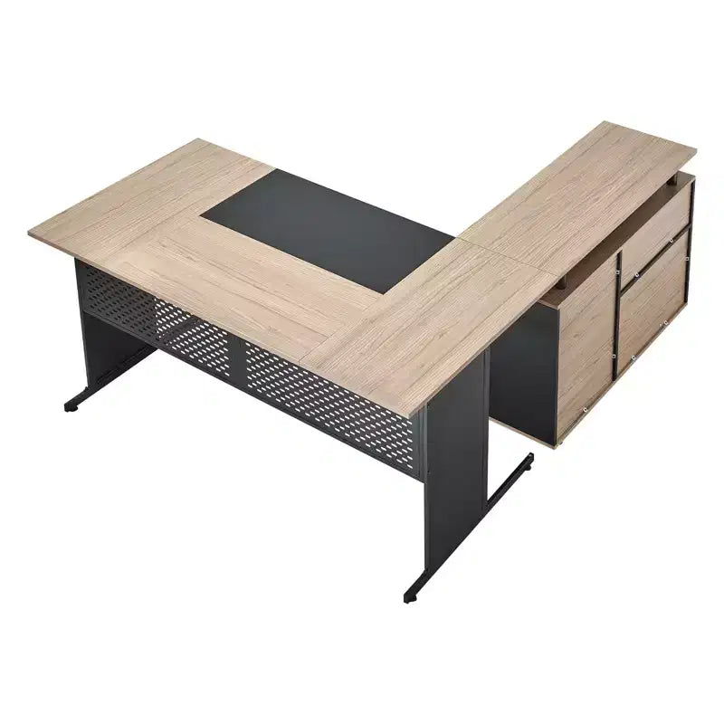 VEVOR L-Shaped Executive Desk, Modern Reversible Office Table with Drawers & Storage Cabinet, 350 LBS Load Capacity, Black&Brown