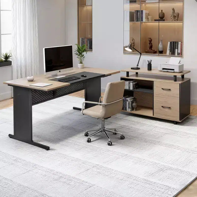 Bureau de direction en L avec tiroirs verrouillables et armoire de rangement – Capacité de 158 kg, Noir et Marron