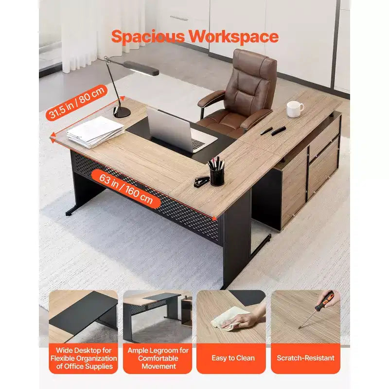 Bureau de direction en L avec tiroirs verrouillables et armoire de rangement – Capacité de 158 kg, Noir et Marron
