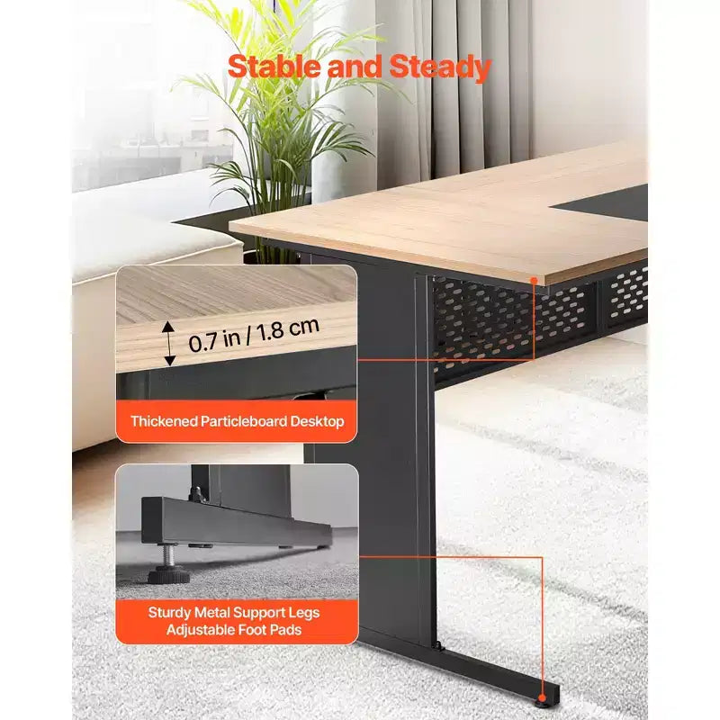 Bureau de direction en L avec tiroirs verrouillables et armoire de rangement – Capacité de 158 kg, Noir et Marron