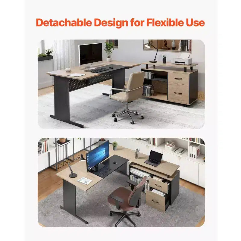 Bureau de direction en L avec tiroirs verrouillables et armoire de rangement – Capacité de 158 kg, Noir et Marron
