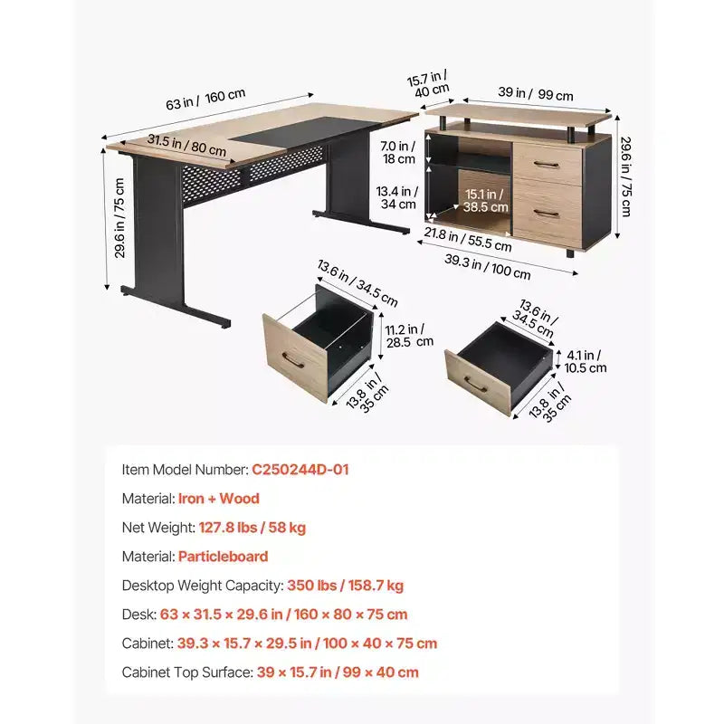 Bureau de direction en L avec tiroirs verrouillables et armoire de rangement – Capacité de 158 kg, Noir et Marron