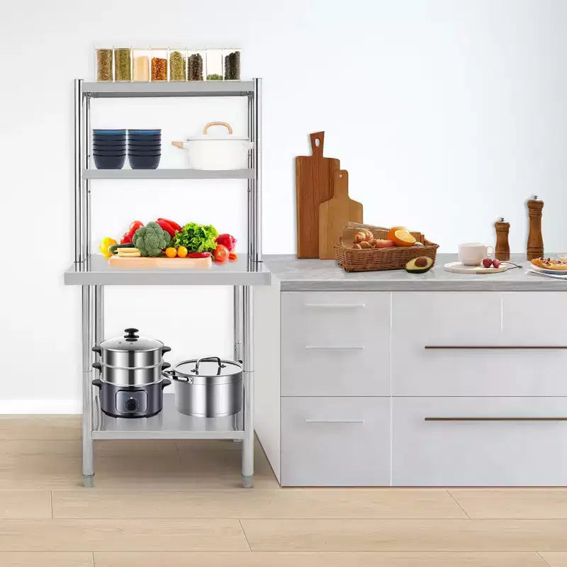 Table de préparation en acier inoxydable avec étagères et crochets – Capacité de 662 kg, Hauteur réglable, Qualité commerciale