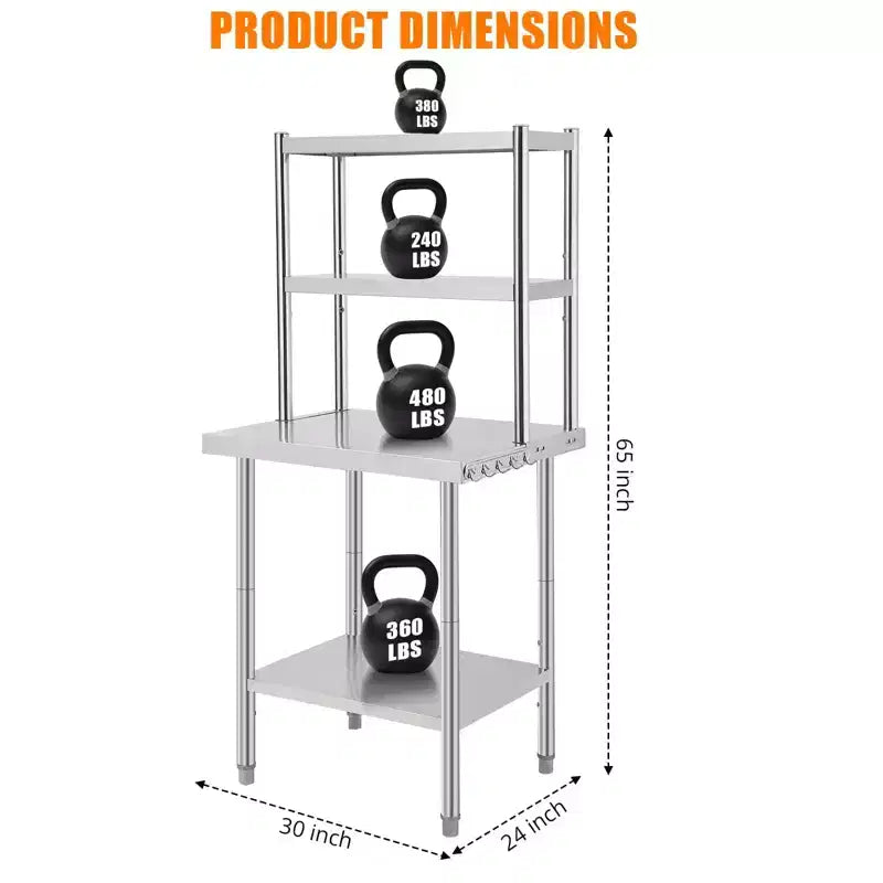 Table de préparation en acier inoxydable avec étagères et crochets – Capacité de 662 kg, Hauteur réglable, Qualité commerciale