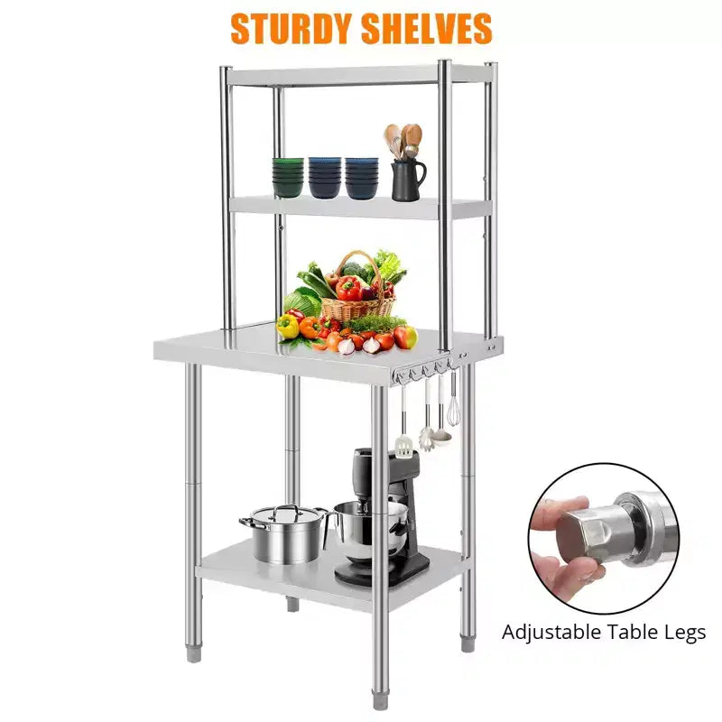 Table de préparation en acier inoxydable avec étagères et crochets – Capacité de 662 kg, Hauteur réglable, Qualité commerciale