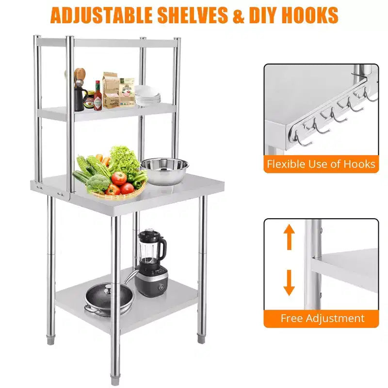 Table de préparation en acier inoxydable avec étagères et crochets – Capacité de 662 kg, Hauteur réglable, Qualité commerciale