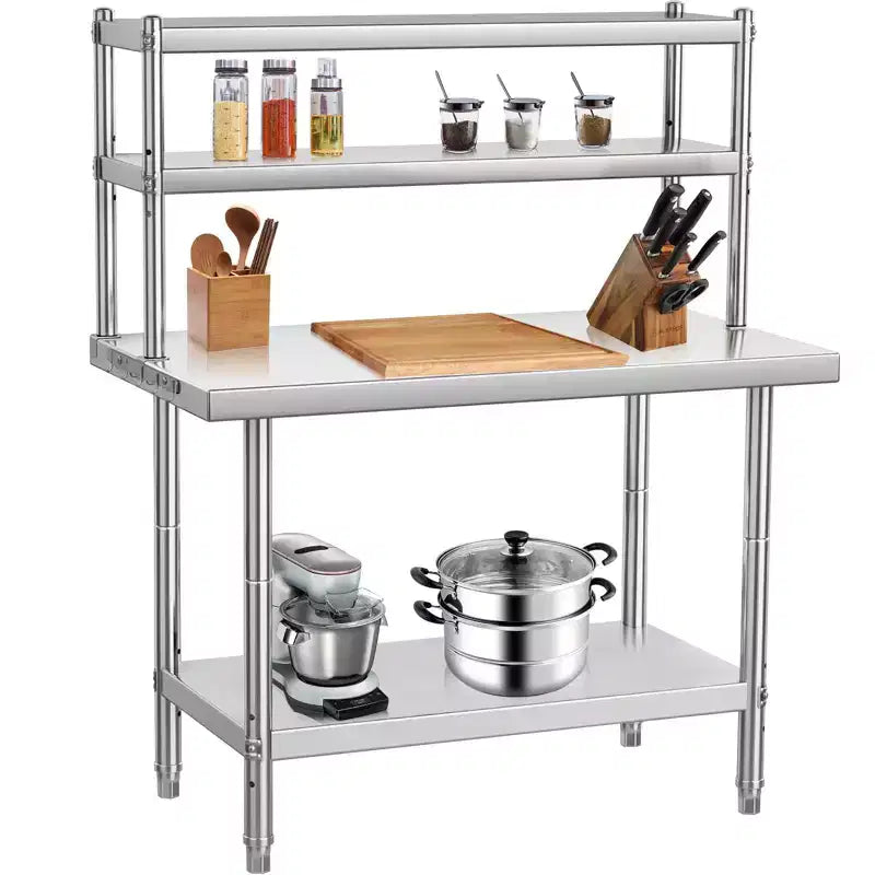 Table de préparation en acier inoxydable avec étagères et crochets – Capacité de 662 kg, Hauteur réglable, Qualité commerciale