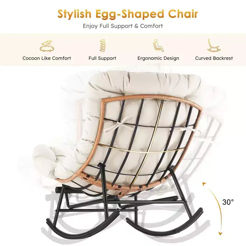 Fauteuil Papasan à bascule avec coussin épais, repose-pieds en métal et cadre en rotin PE – Intérieur/Extérieur