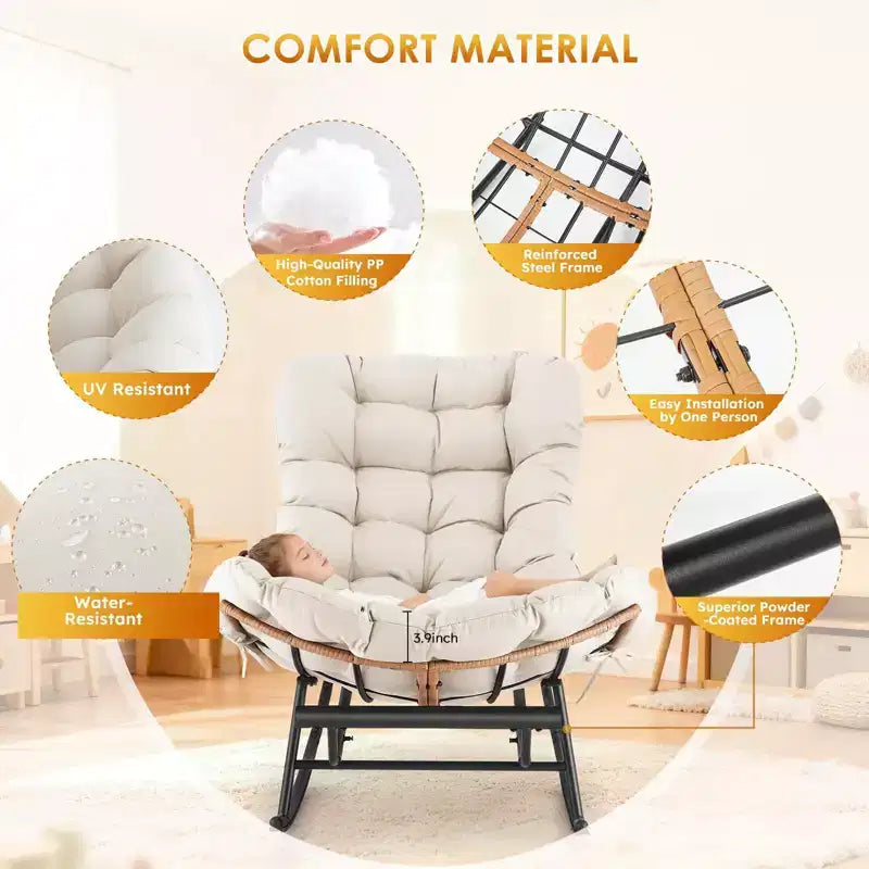Fauteuil Papasan à bascule avec coussin épais, repose-pieds en métal et cadre en rotin PE – Intérieur/Extérieur