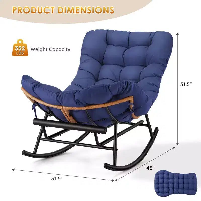 Fauteuil Papasan à bascule avec coussin épais, repose-pieds en métal et cadre en rotin PE – Intérieur/Extérieur