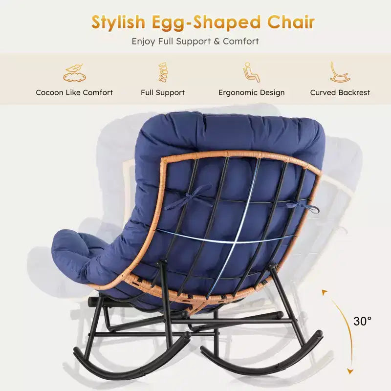 Fauteuil Papasan à bascule avec coussin épais, repose-pieds en métal et cadre en rotin PE – Intérieur/Extérieur