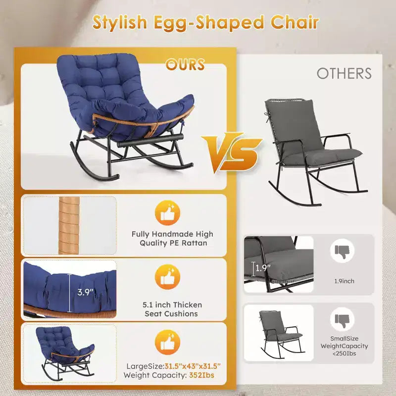 Fauteuil Papasan à bascule avec coussin épais, repose-pieds en métal et cadre en rotin PE – Intérieur/Extérieur