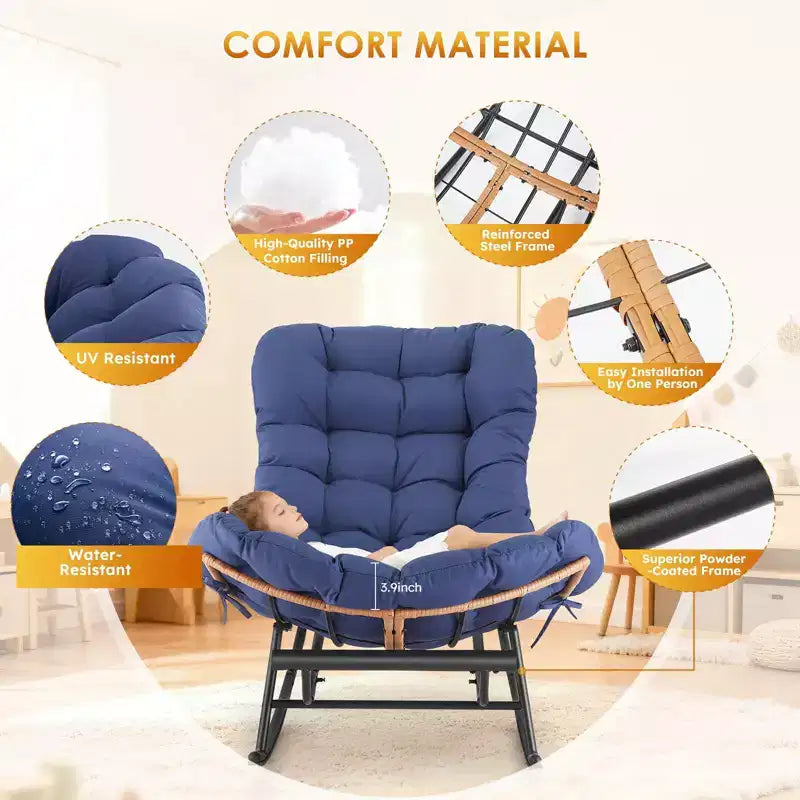 Fauteuil Papasan à bascule avec coussin épais, repose-pieds en métal et cadre en rotin PE – Intérieur/Extérieur