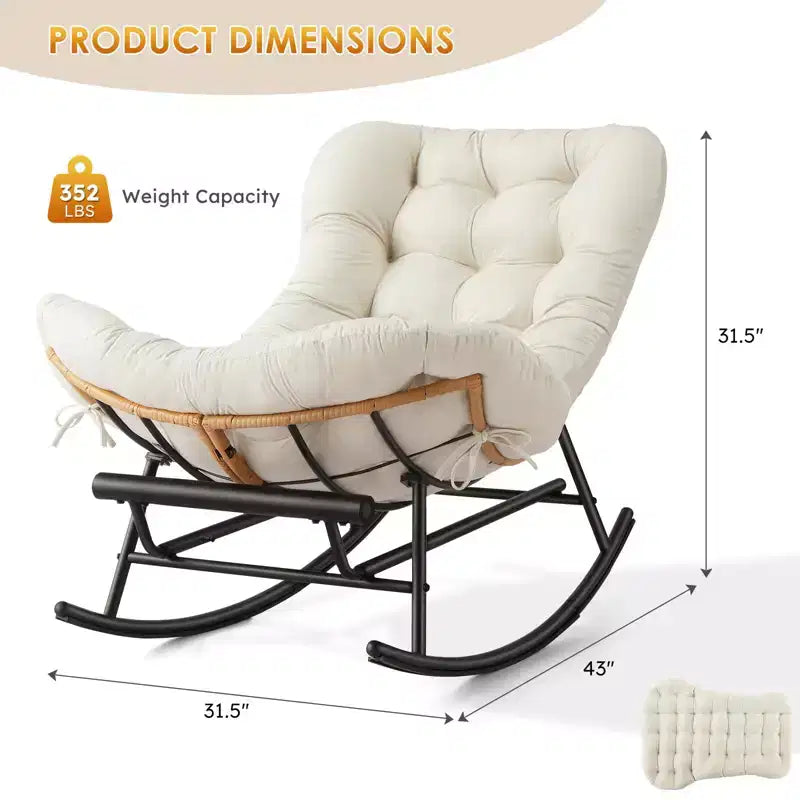 Fauteuil Papasan à bascule avec coussin épais, repose-pieds en métal et cadre en rotin PE – Intérieur/Extérieur