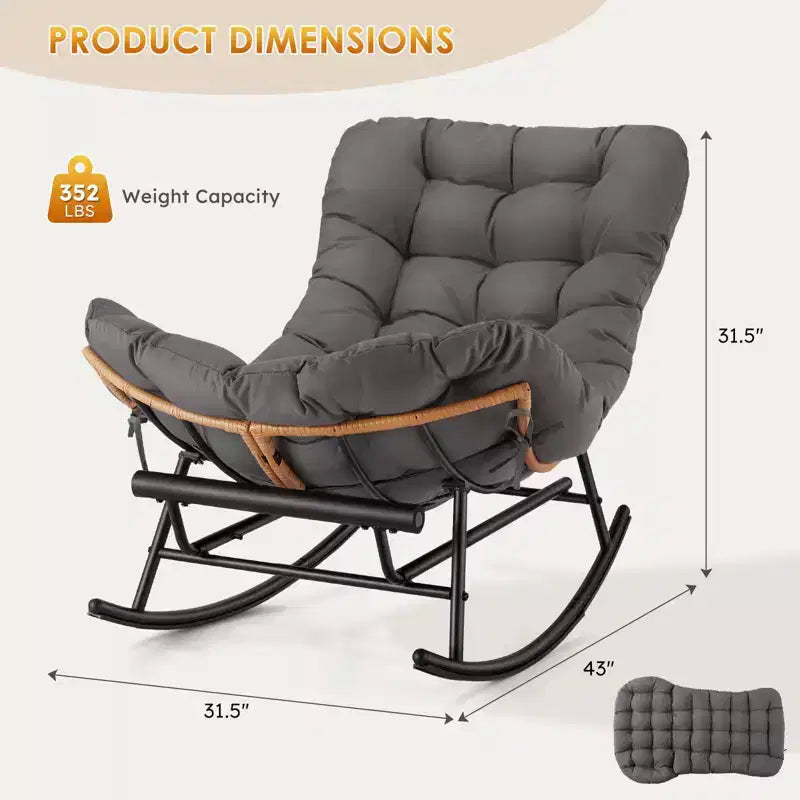 Fauteuil Papasan à bascule avec coussin épais, repose-pieds en métal et cadre en rotin PE – Intérieur/Extérieur