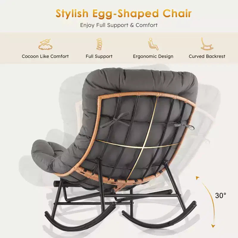 Fauteuil Papasan à bascule avec coussin épais, repose-pieds en métal et cadre en rotin PE – Intérieur/Extérieur